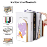 Bookends with elephant graphic and 'BE UNIQUE' text. Beech wood bookends for library, office, or school.