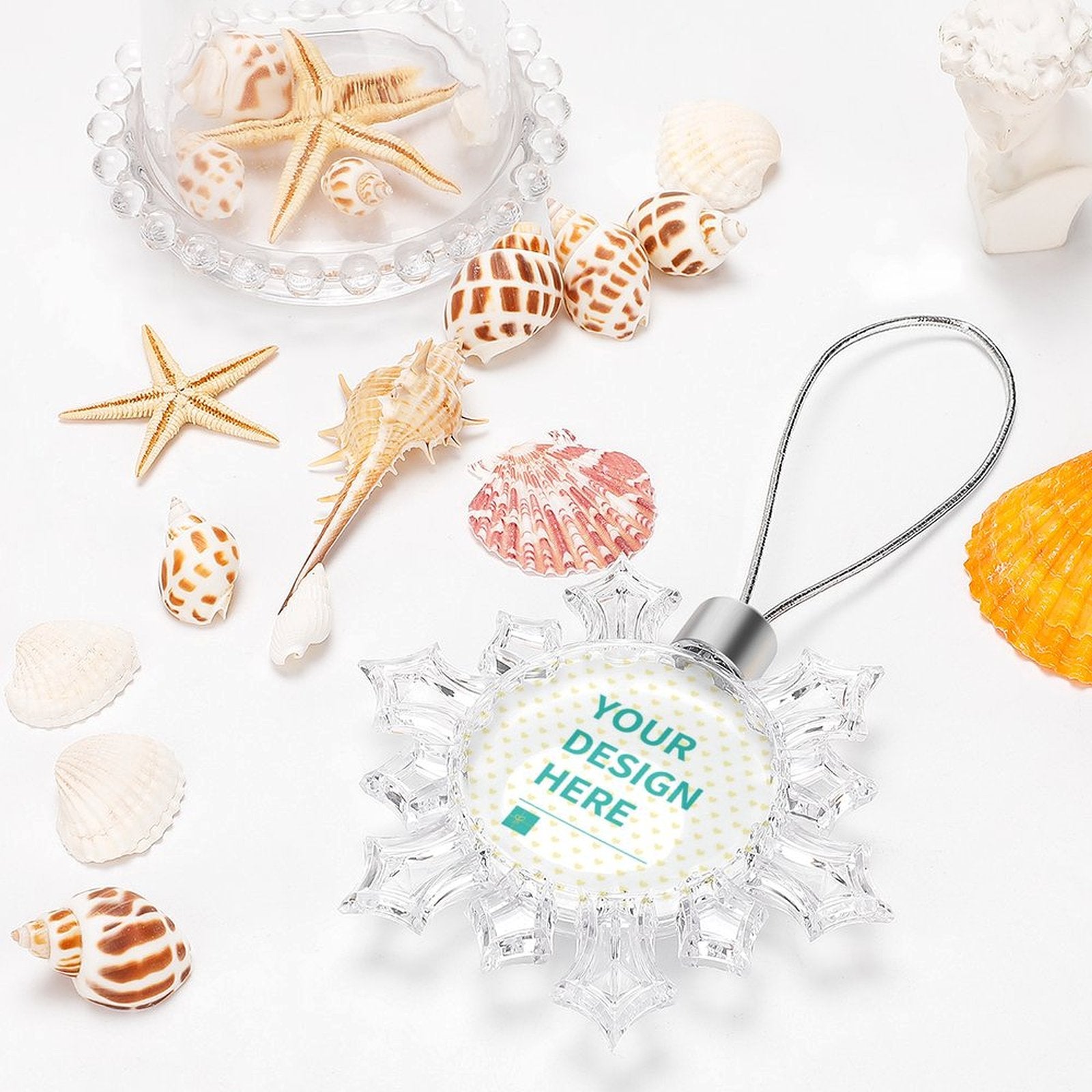 Personalized snowflake Christmas ornament with custom design area, beach theme, perfect for Xmas decor, Your Design Here