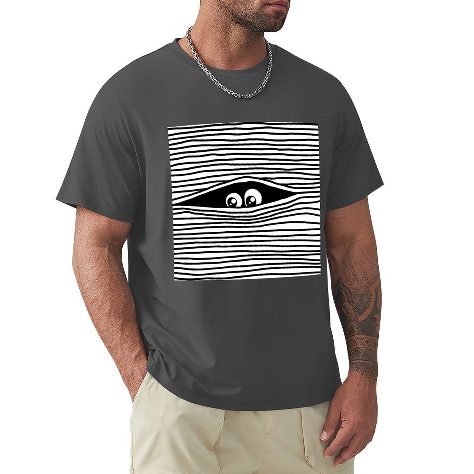 Men's dark grey crew neck t-shirt with eye graphic, perfect for MyArtsyGift