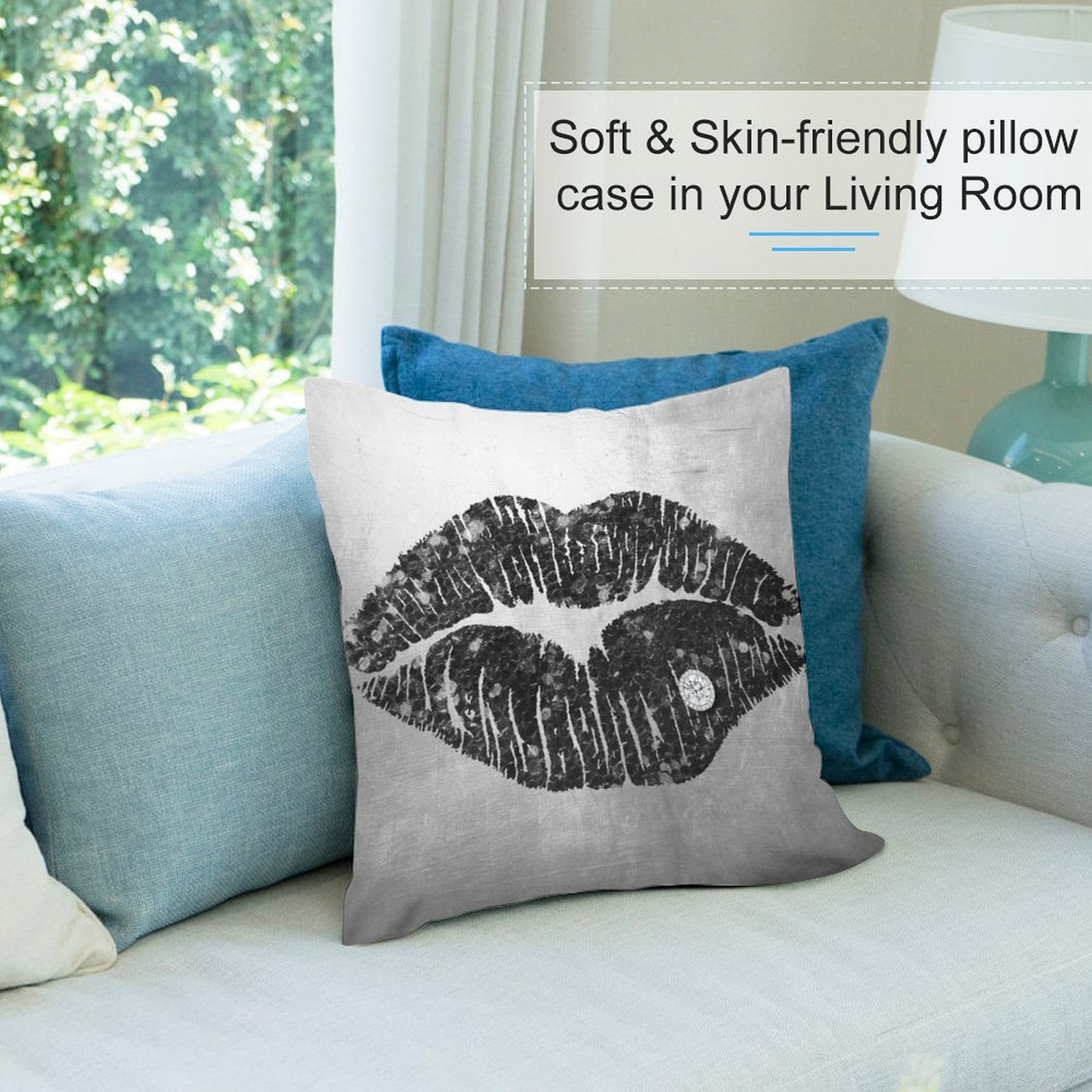 Soft, skin-friendly pillow cover with black lip print and diamond detail, perfect for sofa and living room decor