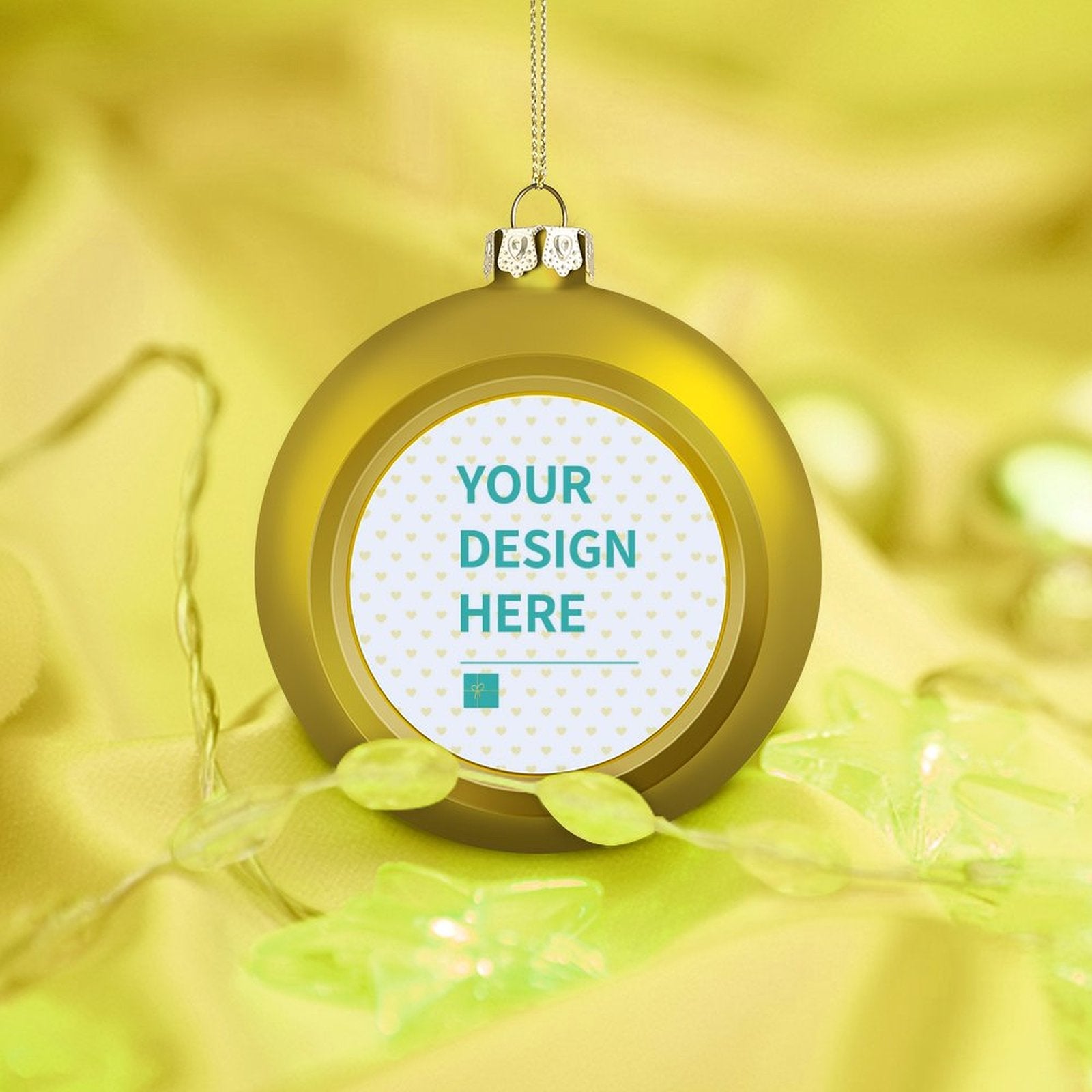 Customizable gold Christmas ball ornament with 'YOUR DESIGN HERE' text, perfect for personalized holiday decorations.