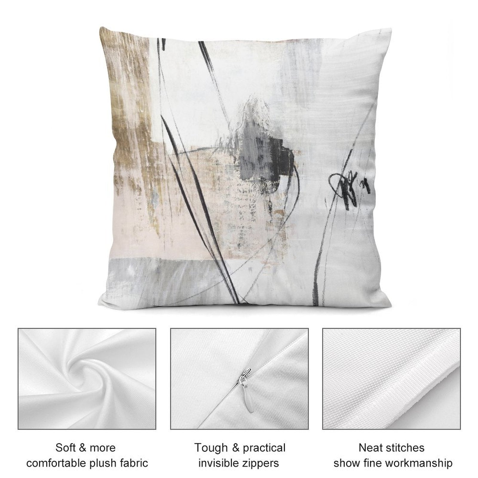Soft, fluffy abstract art pillow cover with invisible zipper. Neutral tones, perfect for sofa and living room. MyArtsyGift.