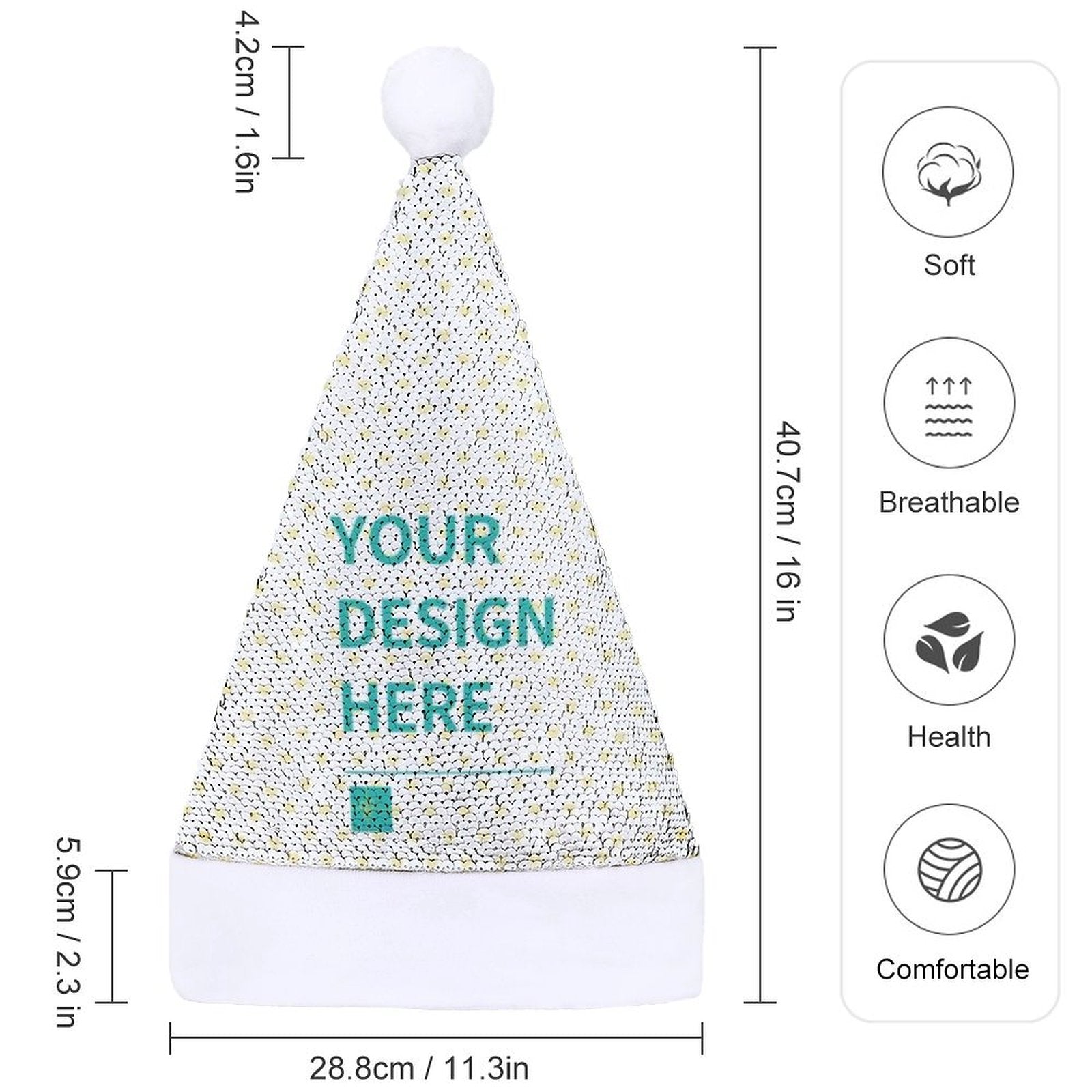 Personalized Christmas hat with sequins, your design here, soft, breathable, and comfortable for holiday parties