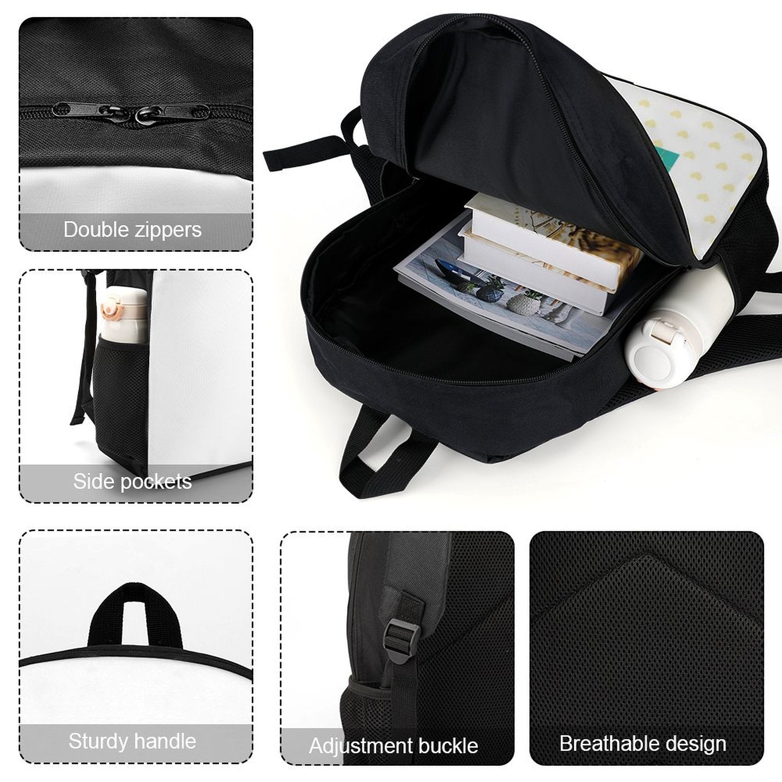 Customizable black backpack with double zippers, side pockets, and breathable back; perfect for school or travel; MyArtsyGift