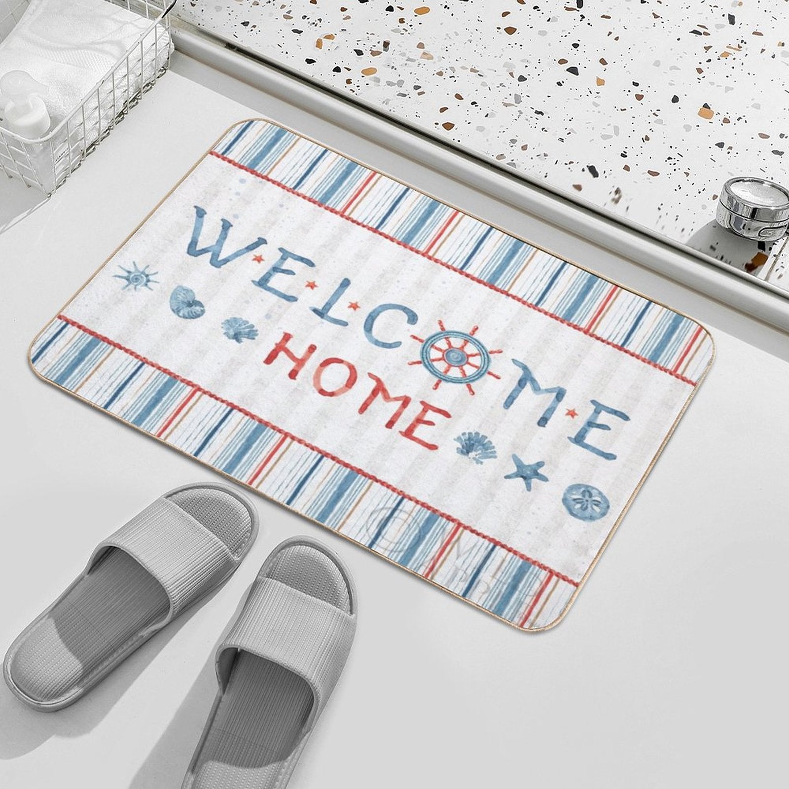 Nautical welcome home floor mat with blue and red stripes, washable door mat, beach theme rug