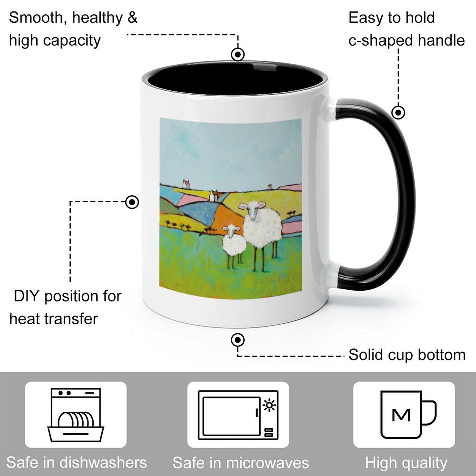 White ceramic mug with sheep art, black interior and handle, durable and microwave/dishwasher safe.