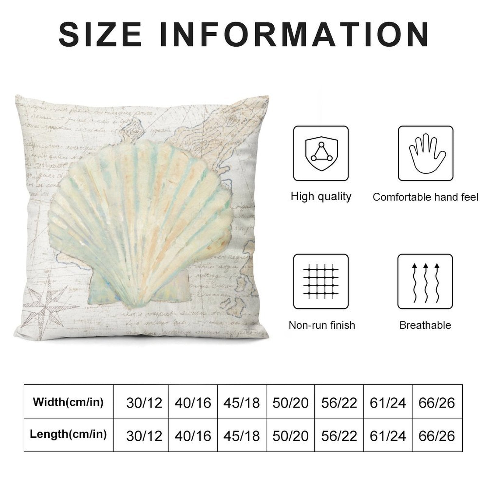 Plush throw pillow cover with seashell design and size options, featuring soft, fluffy material for sofa and living room