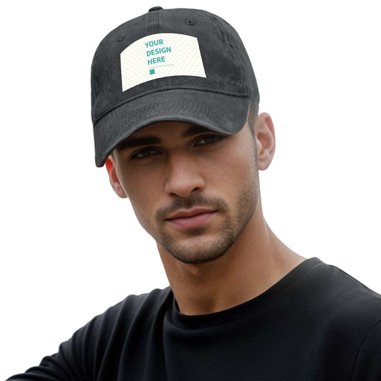 Custom denim baseball cap with "YOUR DESIGN HERE", personalized design area, dark gray. Great gift for men and women.