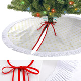 Custom Christmas tree skirt with white fringe, red ties, and a heart pattern, perfect for holiday decorations