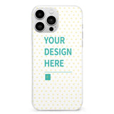 Custom iPhone 13 case with 'YOUR DESIGN HERE' and heart pattern, TPU material for personalization