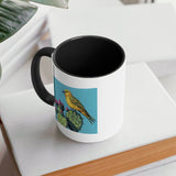 MyArtsyGift white ceramic mug with yellow bird and cactus design, black handle and inner, perfect gift