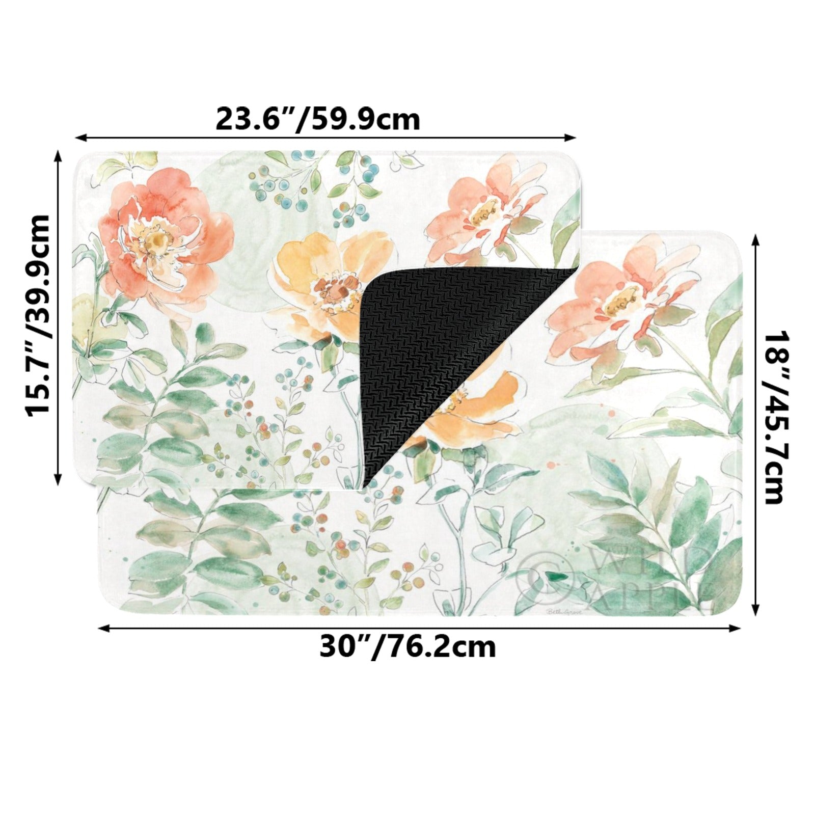 Watercolor floral entrance doormat. Durable rubber mat for indoor/outdoor use with dimension details.