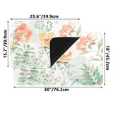 Watercolor floral entrance doormat. Durable rubber mat for indoor/outdoor use with dimension details.