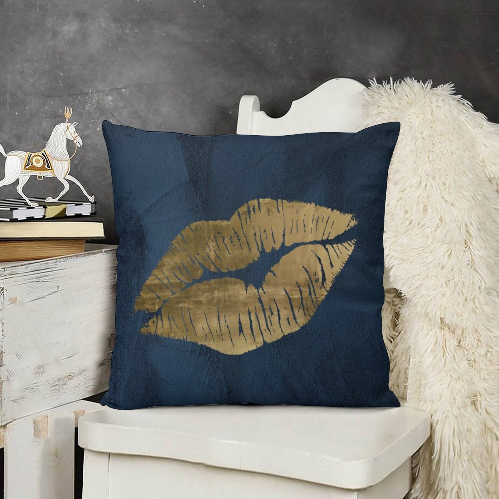 Navy blue plush throw pillow cover with gold lips design for sofa or couch. Soft and comfy pillow