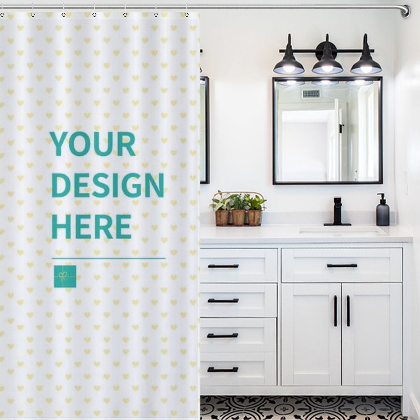 Custom shower curtain with YOUR DESIGN HERE text and heart pattern, polyester fabric for bathroom