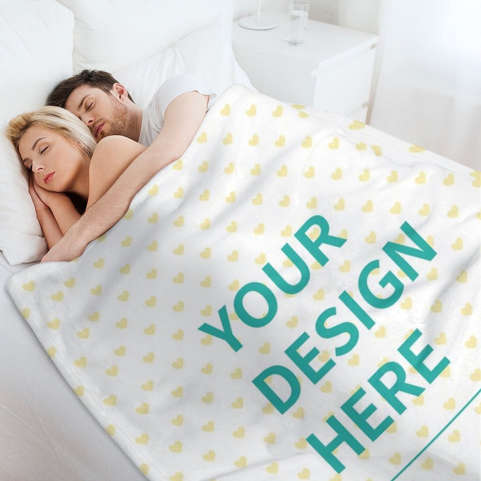 Custom fleece blanket with heart pattern, 'YOUR DESIGN HERE' text. Perfect for personalized gifts, cozy warm blanket.