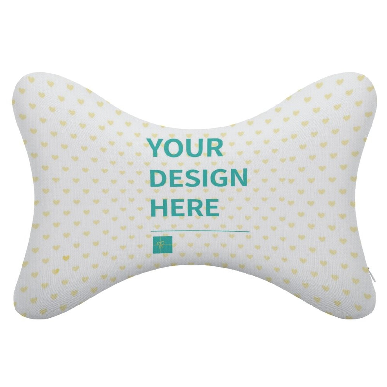 Customizable neck pillow with heart pattern; polyester/memory foam, for car, office or travel.