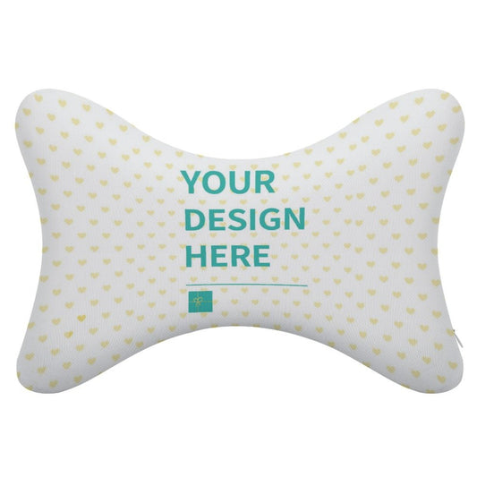 Customizable neck pillow with heart pattern; polyester/memory foam, for car, office or travel.
