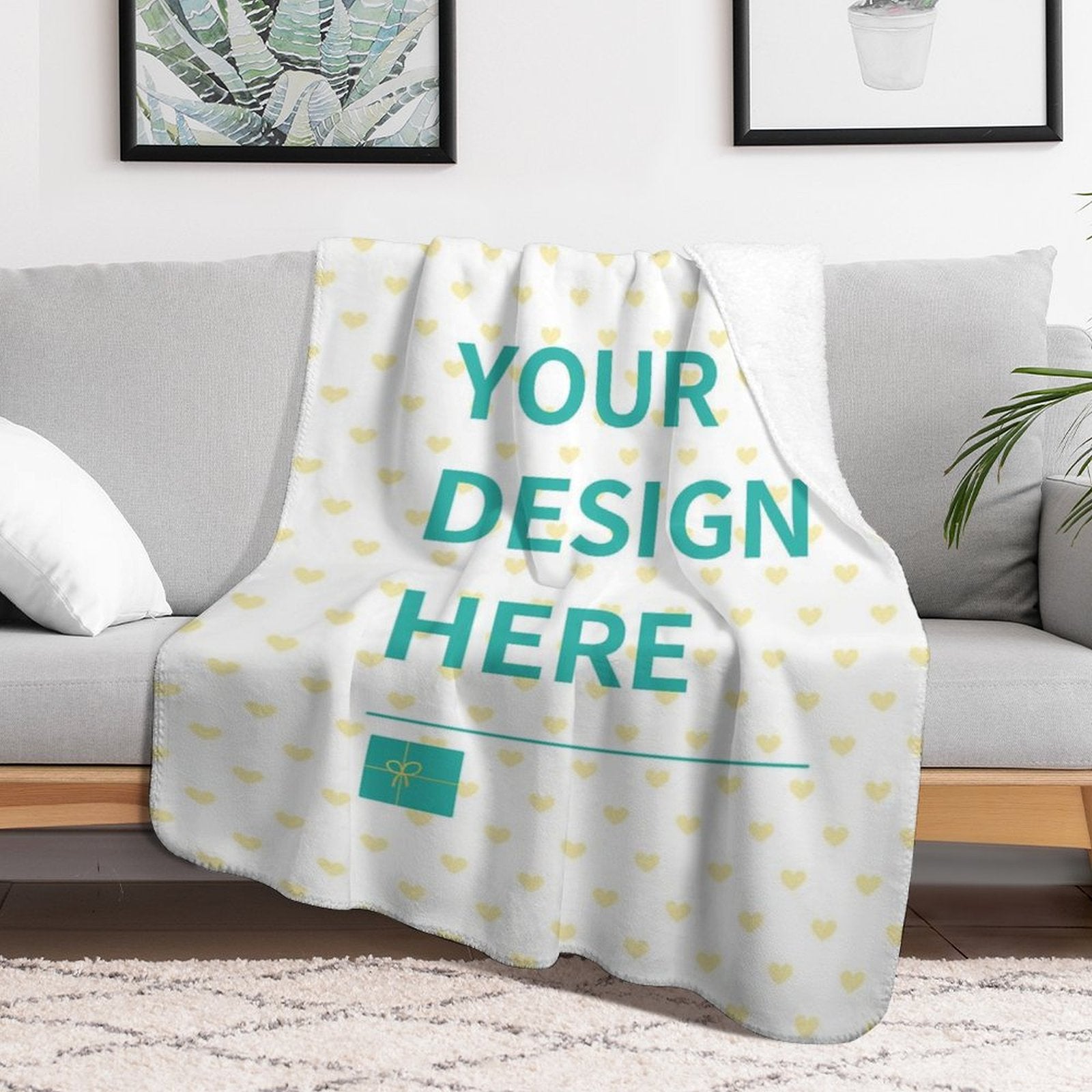 Customizable lamb wool fleece blanket with heart pattern, personalized design on white fabric, perfect gift, MyArtsyGift