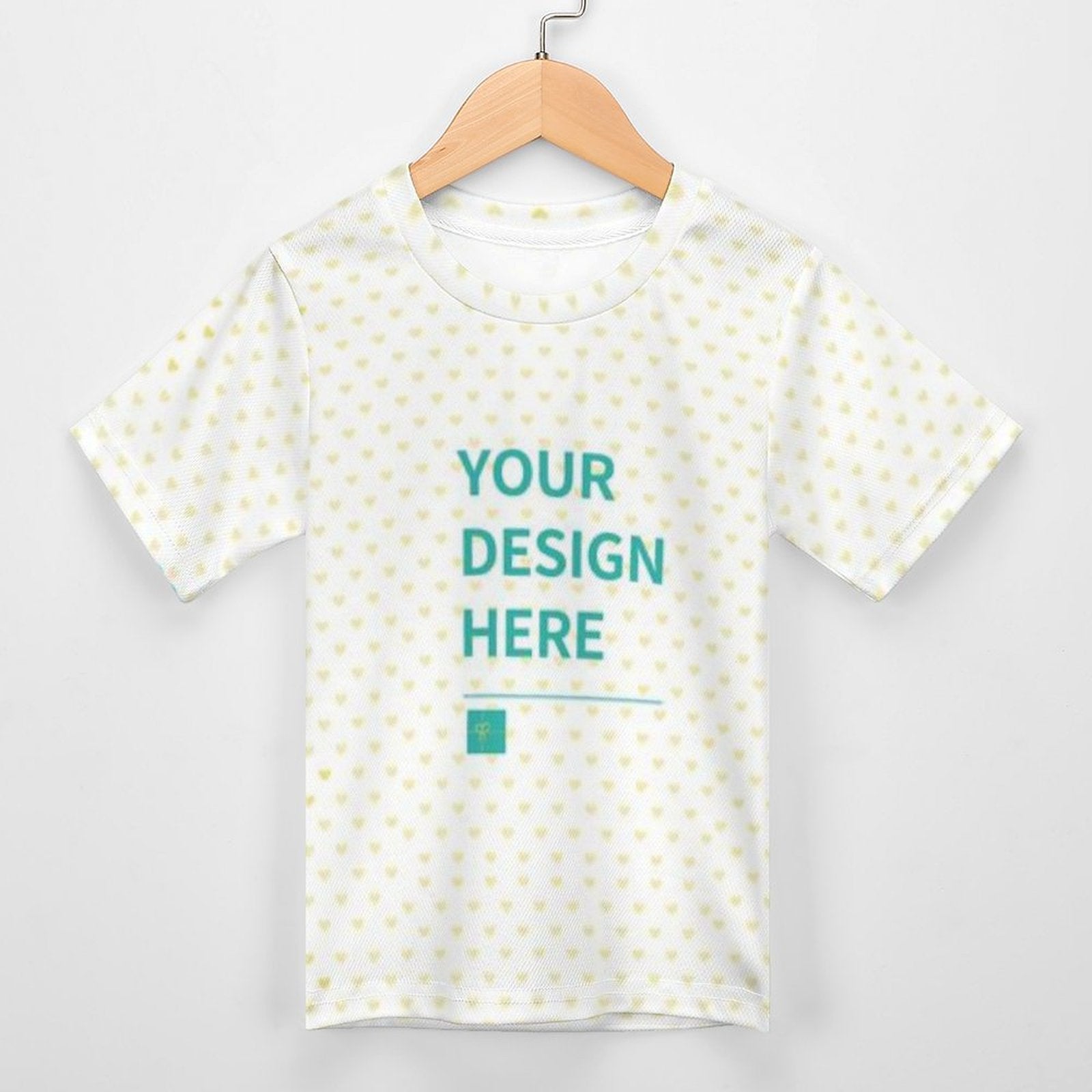 Customizable kids' t-shirt with heart pattern and 'YOUR DESIGN HERE' text, made of mesh fabric.