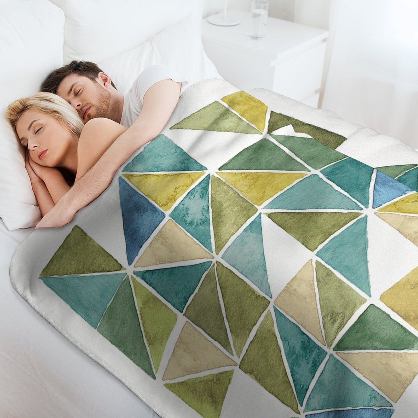My Greenhouse Geo fleece blanket. Green, blue & beige triangle design, soft lamb wool, perfect for bed or travel.