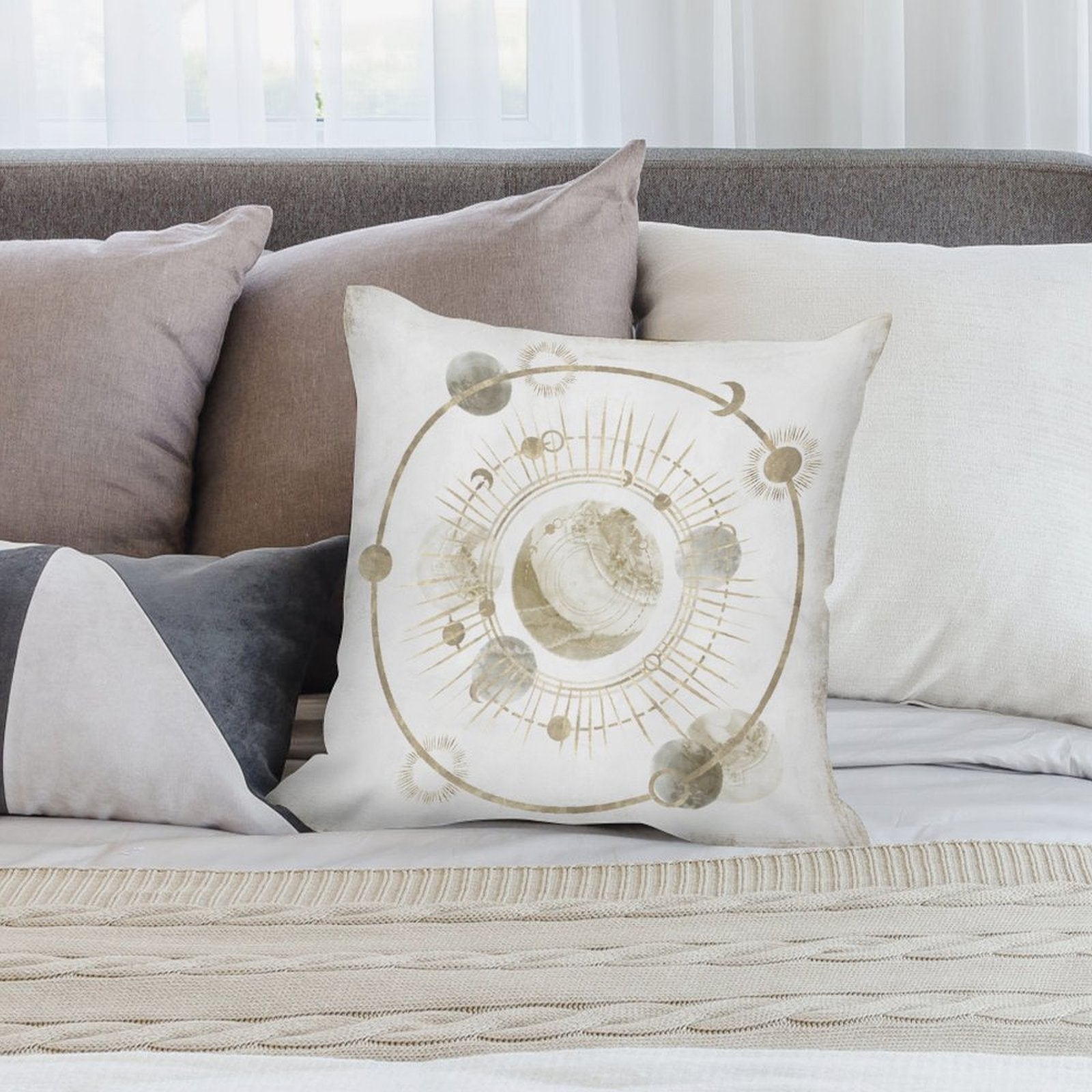 Decorative throw pillow with celestial design, soft plush pillow cover for sofa and living room