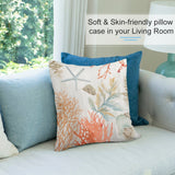 Watercolor beach pillow cover with starfish and coral, soft plush material for living room sofa.
