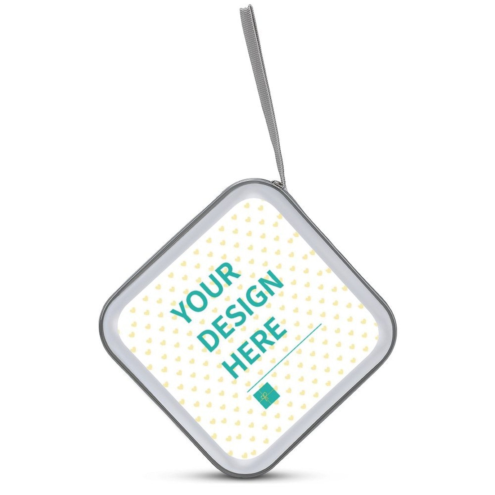 Customizable plastic CD/DVD holder with 'YOUR DESIGN HERE' for car, home, and office use; portable wallet case.