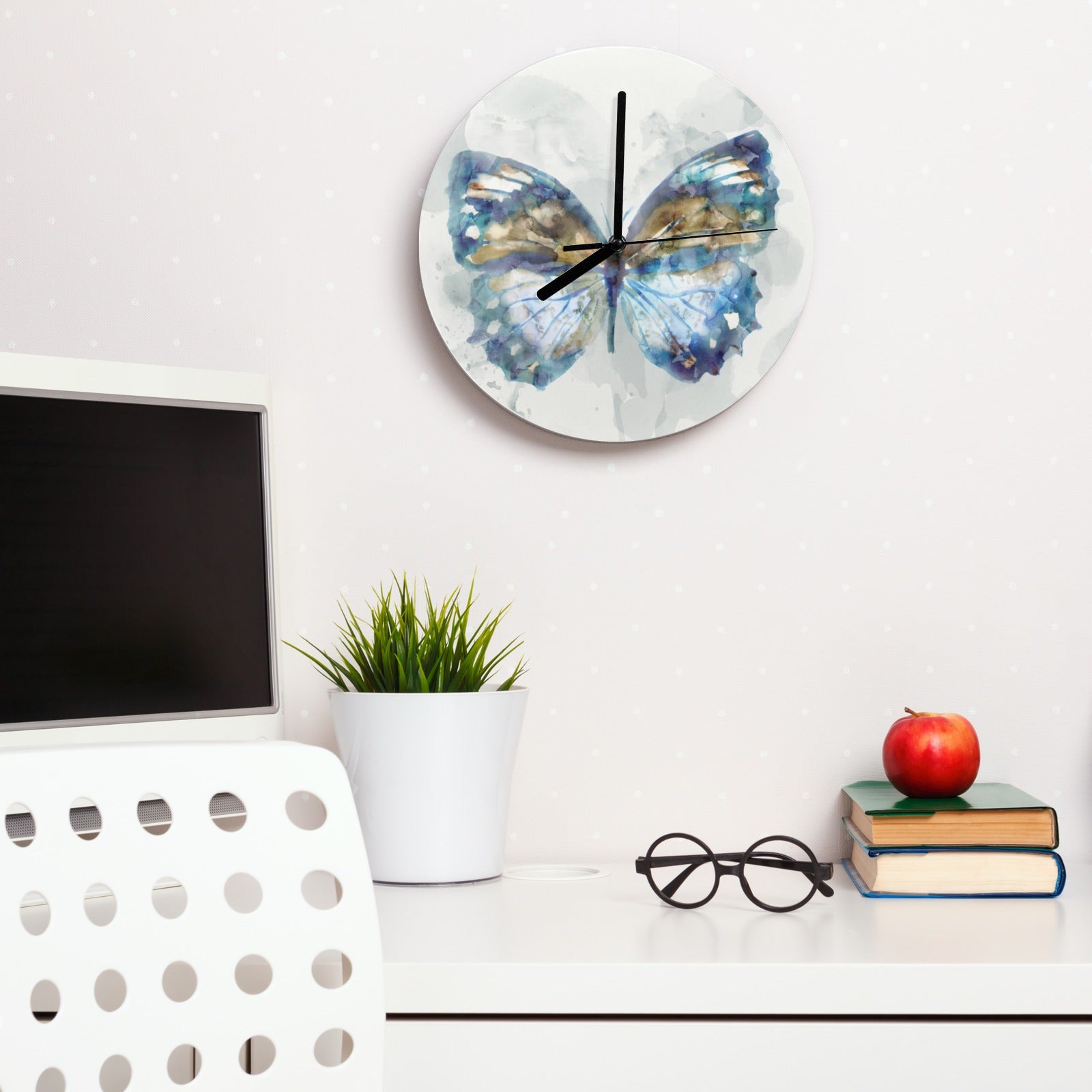 Blue butterfly MDF wall clock, perfect for living room, kitchen, or office decor. Artistic design and accurate timekeeping.