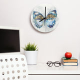 Blue butterfly MDF wall clock, perfect for living room, kitchen, or office decor. Artistic design and accurate timekeeping.