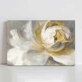 Abstract rose gold canvas print featuring a close-up watercolor painting of a white and gold flower, perfect wall decor.