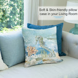 Seahorse pillow cover in living room, soft plush design. Watercolor art, decorative pillow for sofa. MyArtsyGift home decor.