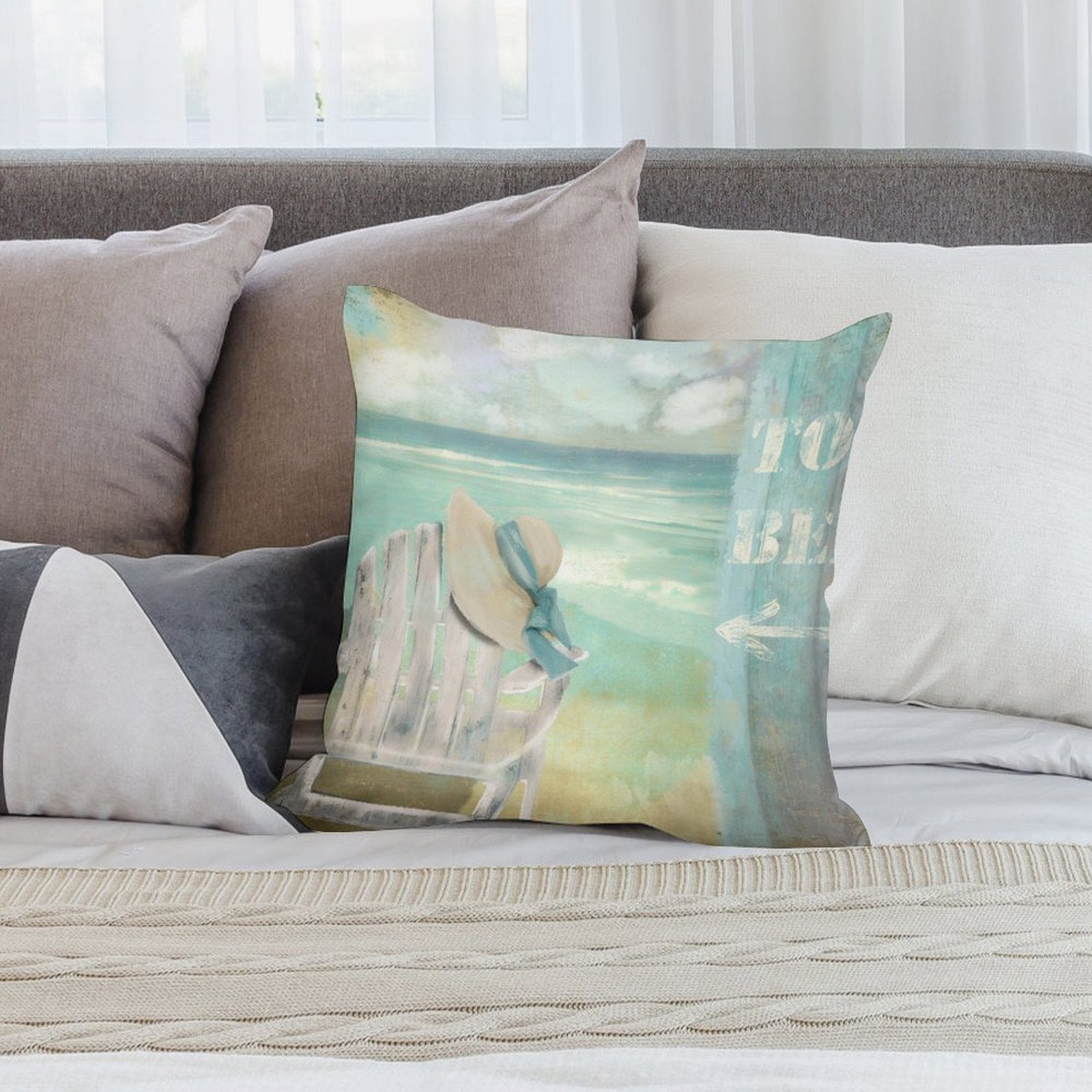Beach-themed plush pillow cover with 'TO BE' sign, sun hat, and chair for sofa or bed decor