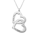Custom silver interlocking double heart necklace engraved with "Your Name", diamond accents, personalized gift.
