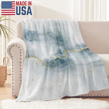 Blue abstract flow blanket with gold accents, Made in USA, cozy and stylish blanket.