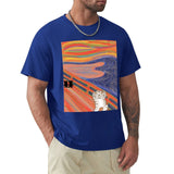 Men's blue cotton t-shirt with cat 'The Scream' art print. Classic short sleeve tee.
