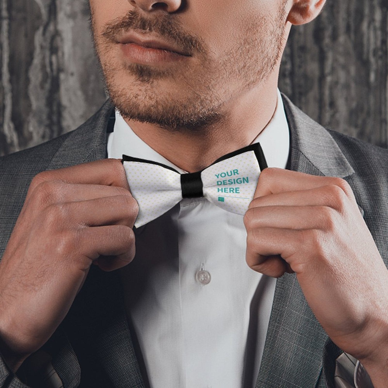 Custom polyester bow tie for men with 'YOUR DESIGN HERE' design, perfect for formal wear.