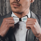 Custom polyester bow tie for men with 'YOUR DESIGN HERE' design, perfect for formal wear.