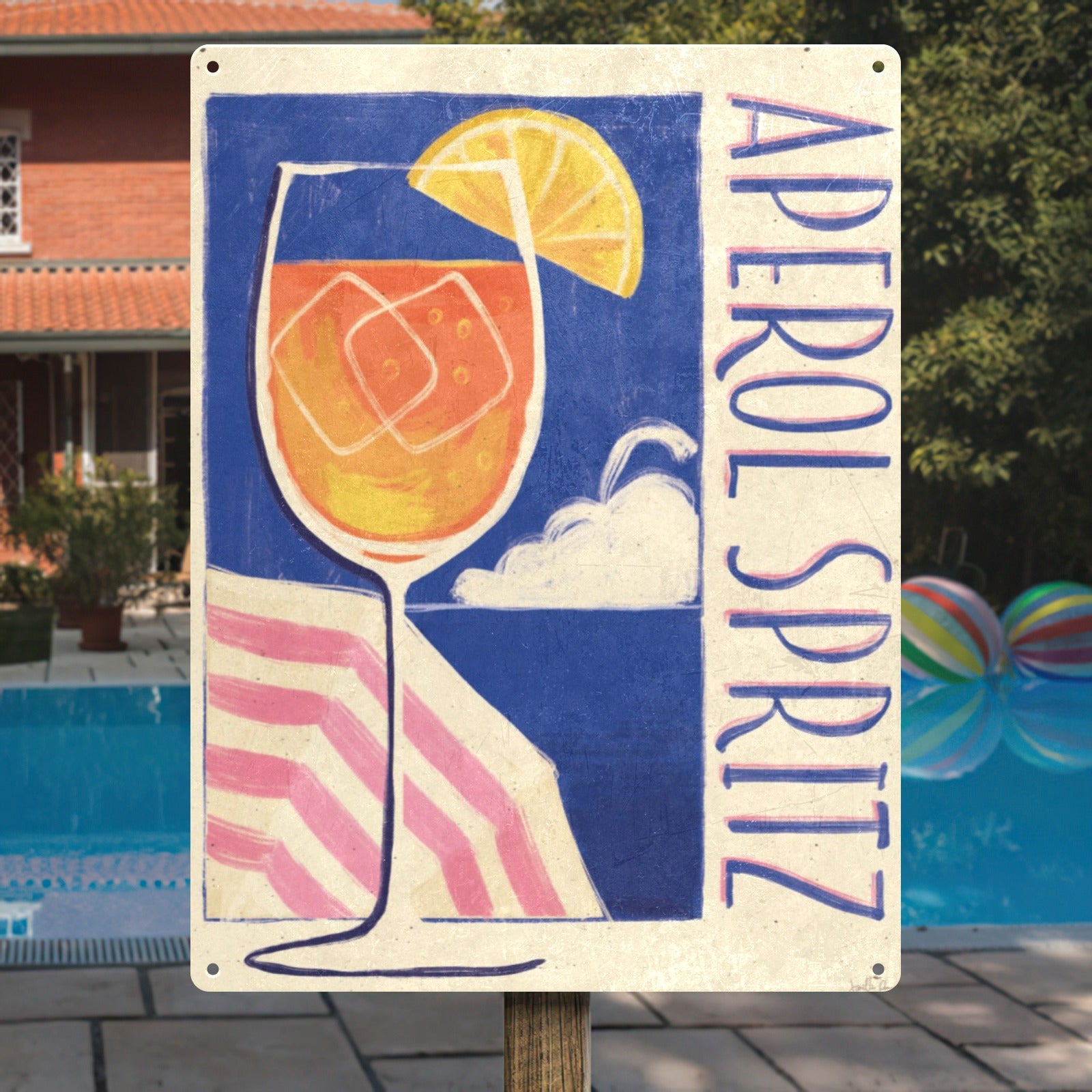 Aperol Spritz metal sign, vintage cocktail art for home decor, orange drink with lemon slice, iron plate.