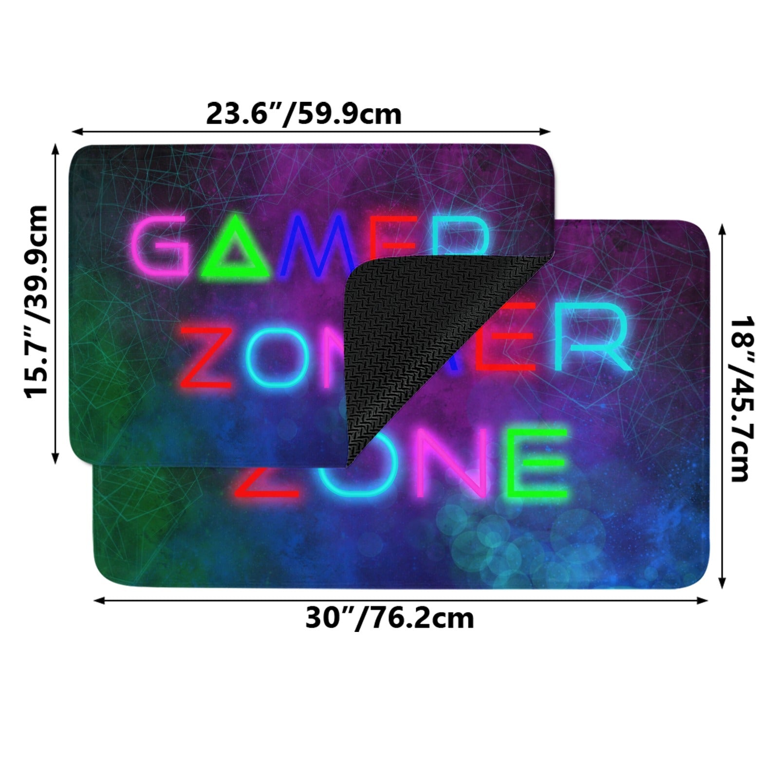 Game On doormat with neon Gamer Zone text, rubber material, indoor/outdoor use, and non-slip bottom.