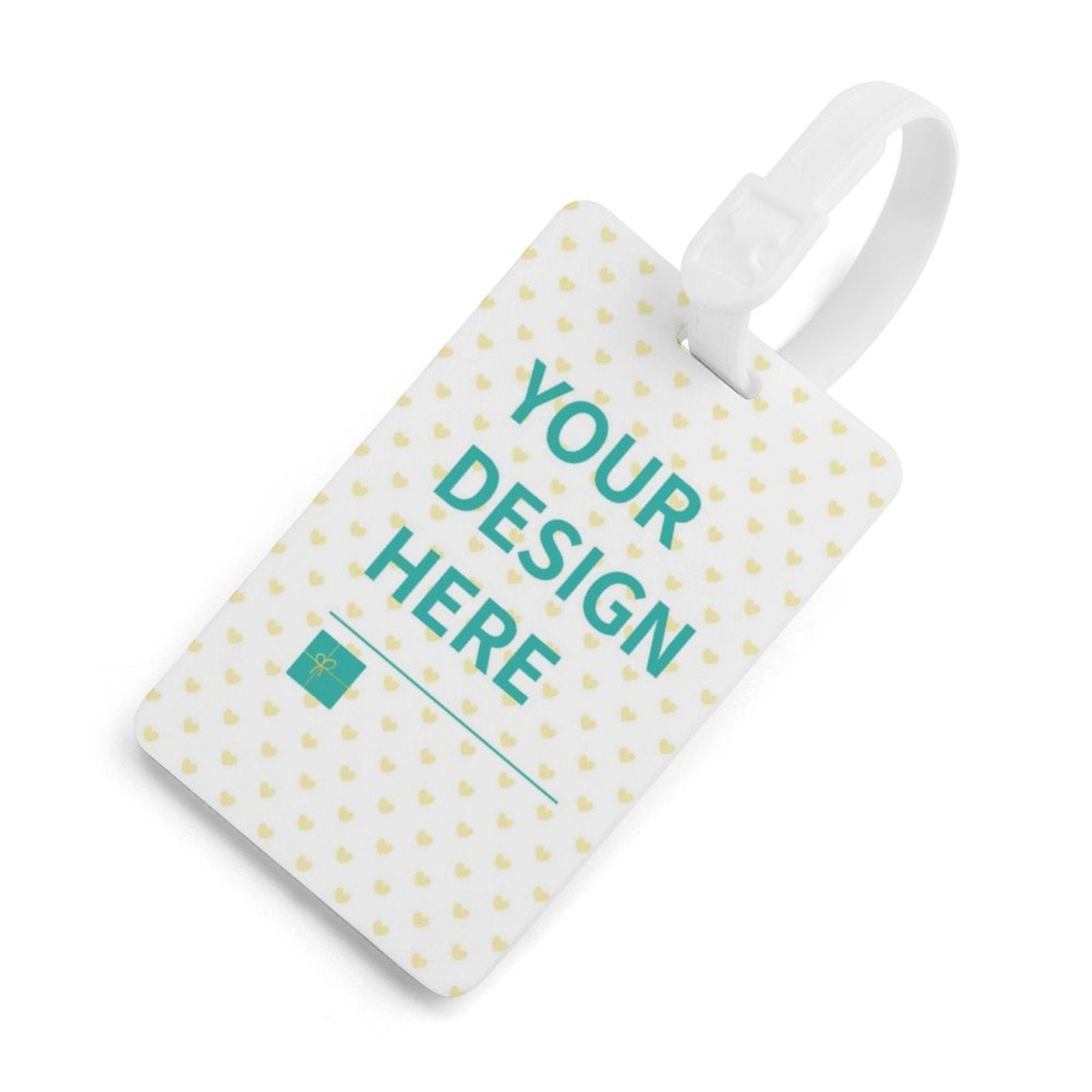 Personalized luggage tag with 'YOUR DESIGN HERE' design and white strap, perfect for travel suitcase and baggage.