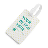 Personalized luggage tag with 'YOUR DESIGN HERE' design and white strap, perfect for travel suitcase and baggage.