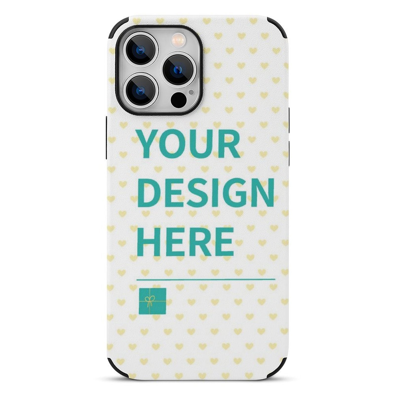 Custom iPhone 13 case with heart pattern and 'YOUR DESIGN HERE' design, fiber leather cover