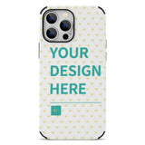 Custom iPhone 13 case with heart pattern and 'YOUR DESIGN HERE' design, fiber leather cover