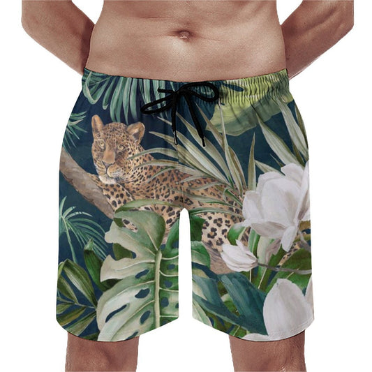 Men's swim Hawaiian shorts with leopard print, drawstring and mesh lining. Quick dry beach board gift