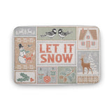 Coral velvet bath rug with winter theme, featuring 'LET IT SNOW', snowman, and deer illustrations.