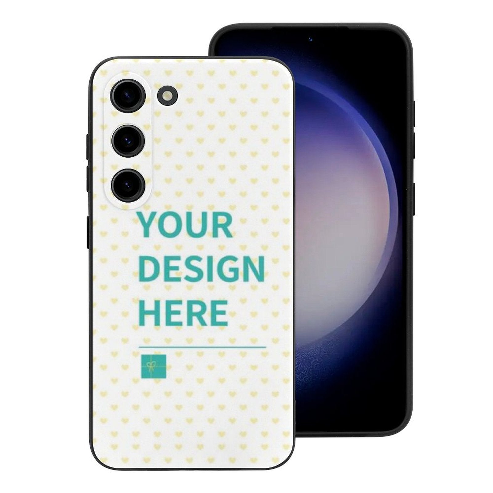 Custom Samsung Galaxy S23 phone case with 'YOUR DESIGN HERE' text and heart pattern, TPU material.