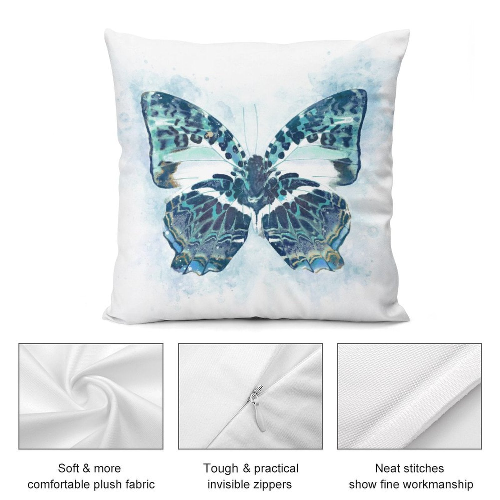 Butterfly art pillow cover, blue design on soft plush fabric with invisible zipper, perfect for living room.