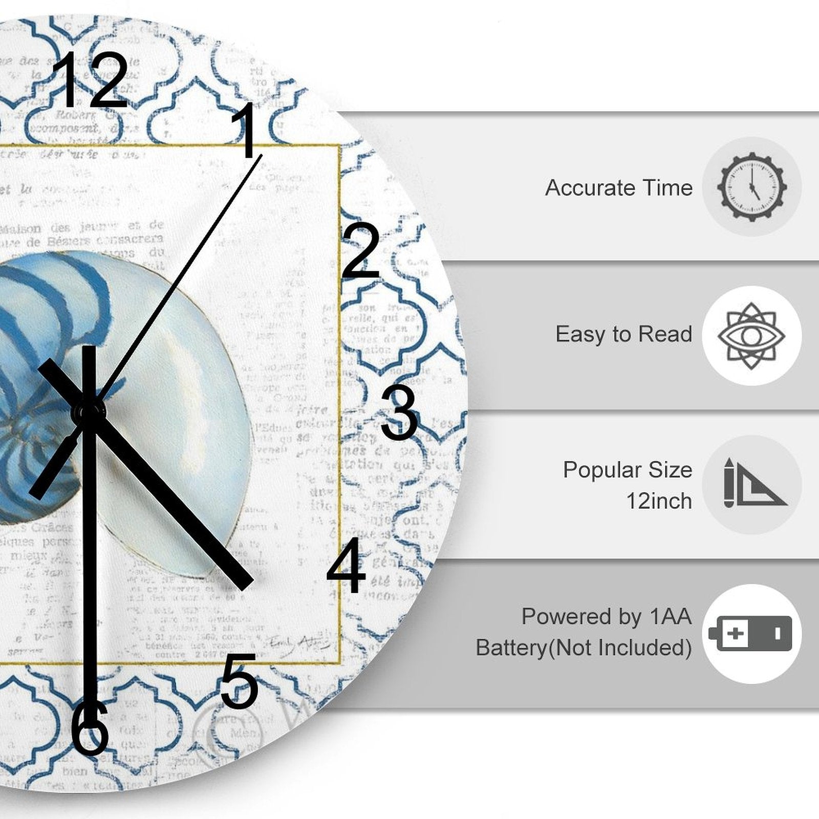 Navy nautilus shell design wooden wall clock, 12-inch round, custom home decor, powered by 1AA battery