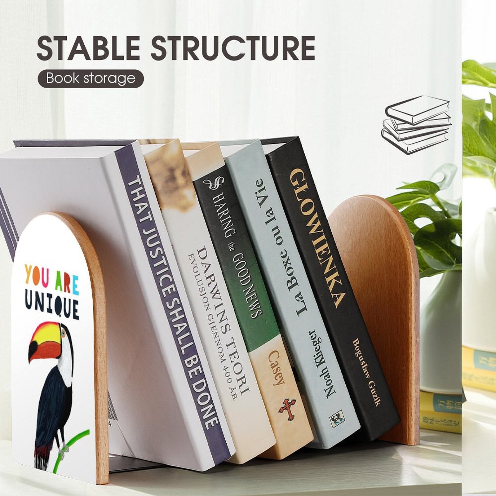 Wooden toucan bookends with 'YOU ARE UNIQUE' design, stable structure, perfect book holders for library or office